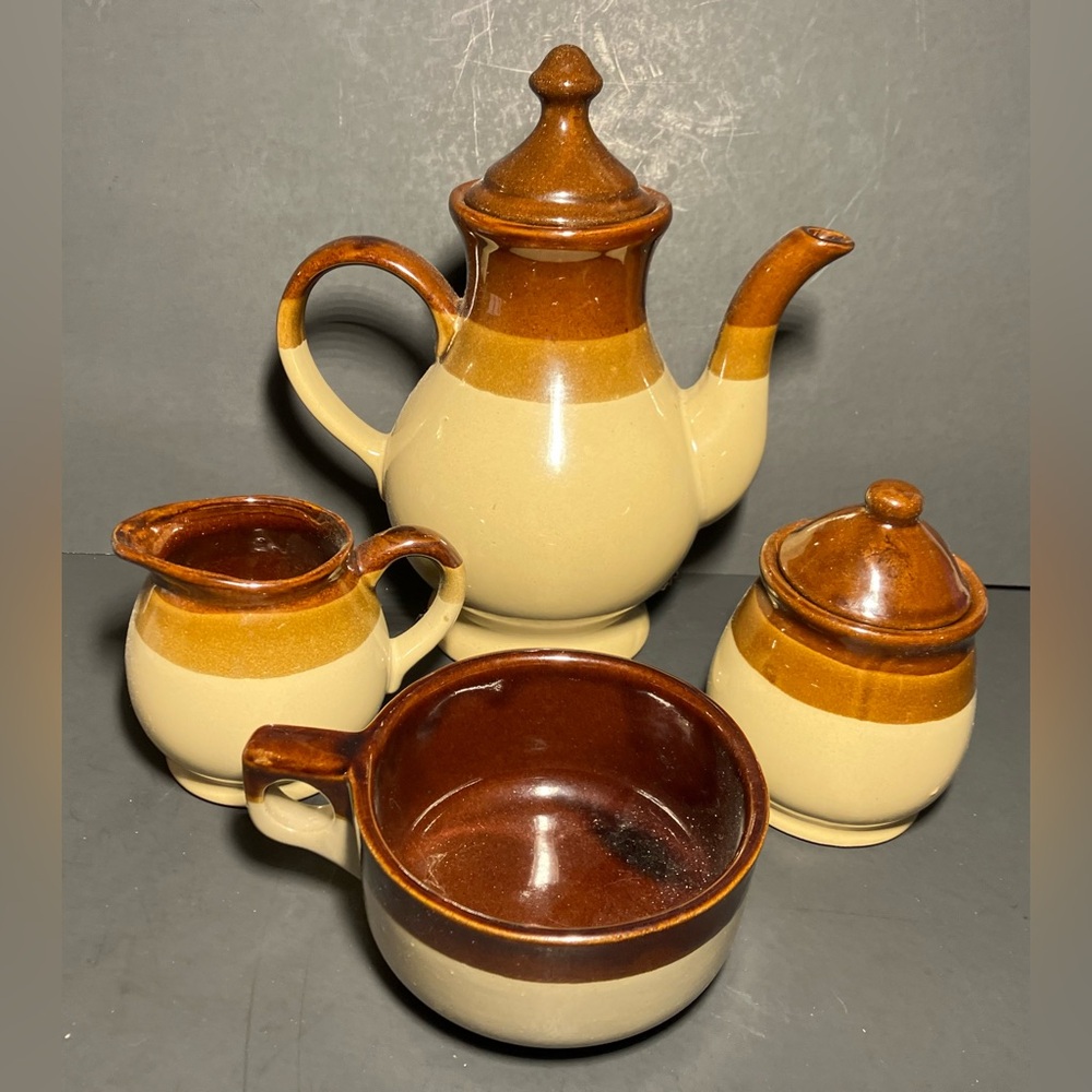Vintage Set Of 4 Stoneware Pottery Brown Glazed Set Coffee Pot Cream & Sugar Mug